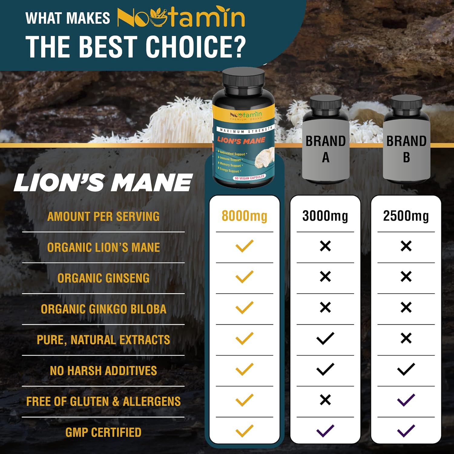 Organic Lions Mane Mushroom Capsules 8000mg - Nootropic Brain Support with Ginkgo Biloba and Panax Ginseng - Memory, Focus, Immune Boost