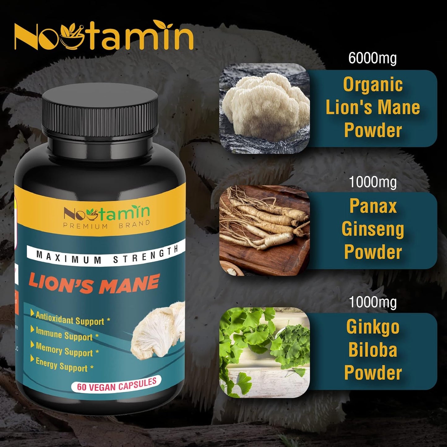 Organic Lions Mane Mushroom Capsules 8000mg - Nootropic Brain Support with Ginkgo Biloba and Panax Ginseng - Memory, Focus, Immune Boost
