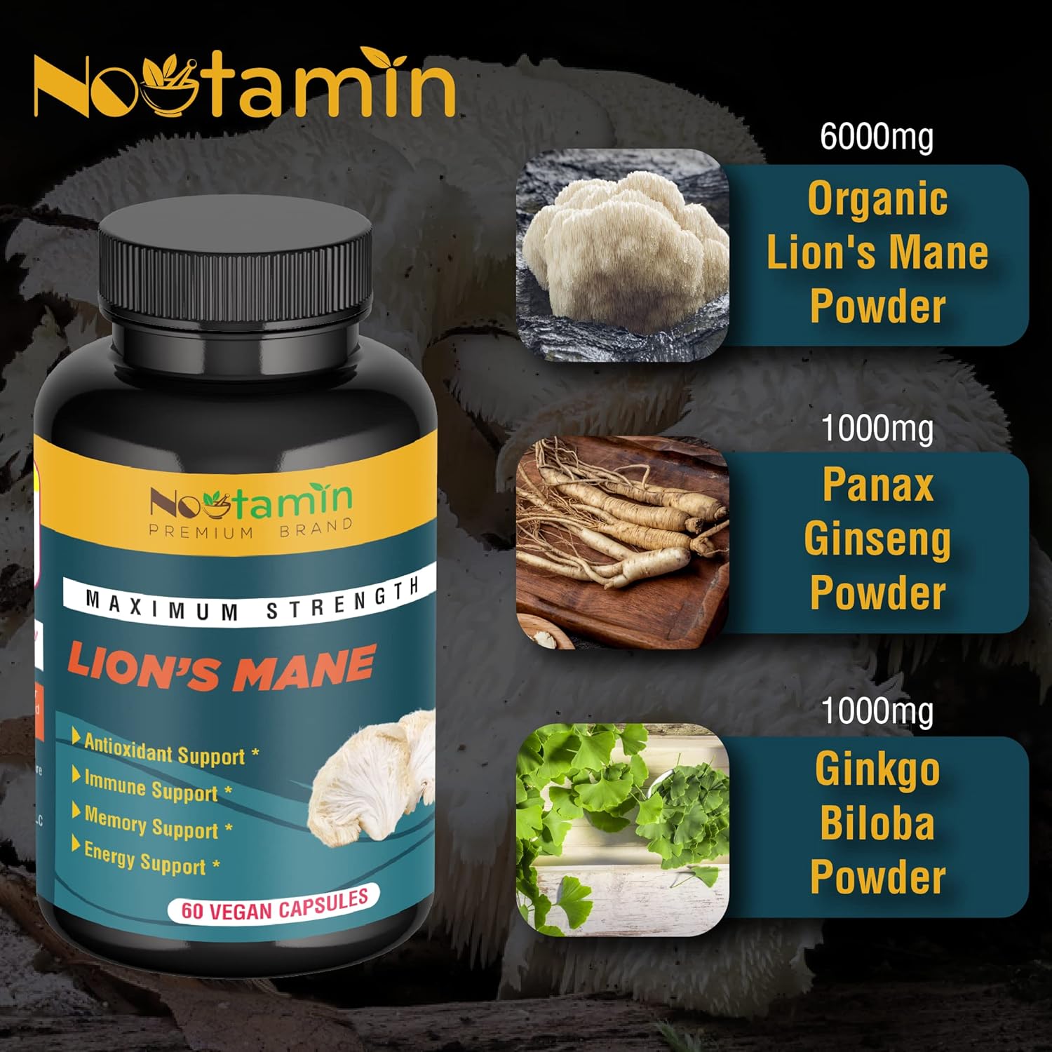 Organic Lions Mane Mushroom Capsules 8000mg - Nootropic Brain Support with Ginkgo Biloba and Panax Ginseng - Memory, Focus, Immune Boost