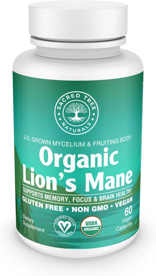 Organic Lion’s Mane Mushroom Capsules for Brain Health & Focus - Cognitive Support, Nerve & Mood Health - 100% Pure, Vegan, Non-GMO - 60 Capsules