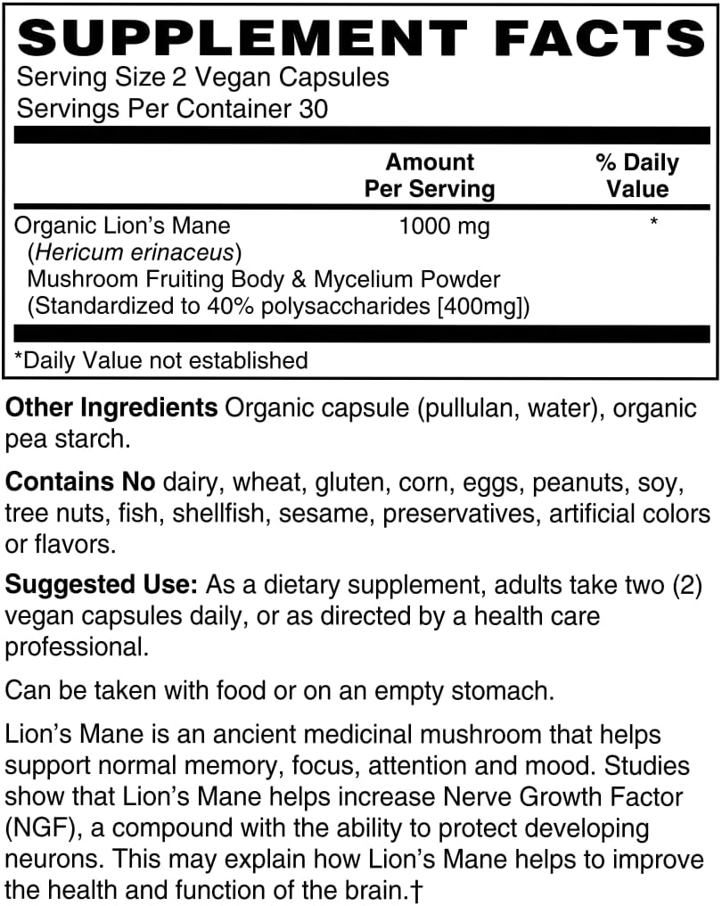 Organic Lion’s Mane Mushroom Capsules for Brain Health & Focus - Cognitive Support, Nerve & Mood Health - 100% Pure, Vegan, Non-GMO - 60 Capsules