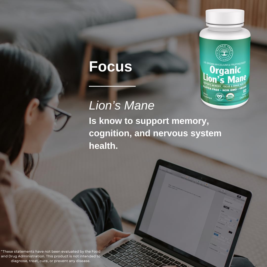 Organic Lion’s Mane Mushroom Capsules for Brain Health & Focus - Cognitive Support, Nerve & Mood Health - 100% Pure, Vegan, Non-GMO - 60 Capsules