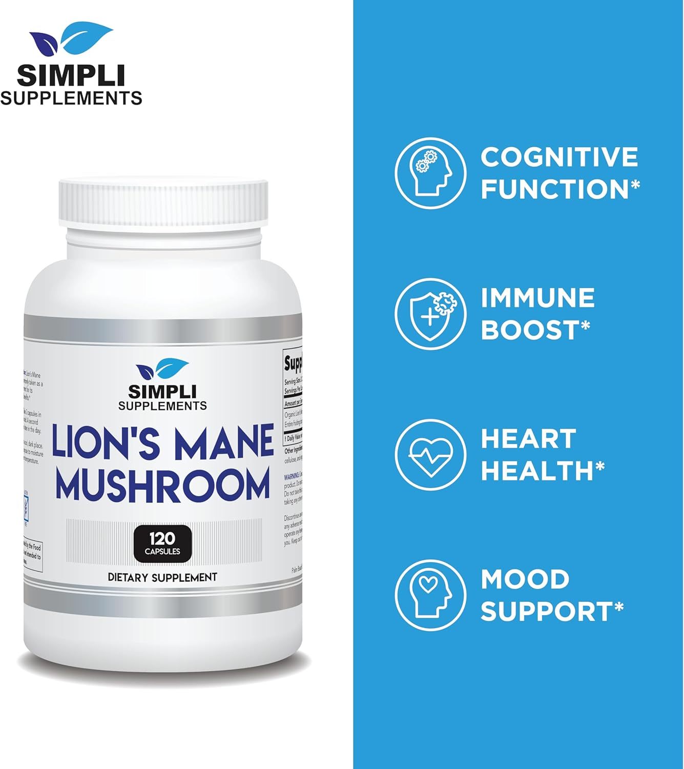 Organic Lion's Mane Mushroom Capsules for Cognitive Function & Immune Support - Brain Booster & Memory Enhancer - Vegan - 120 Capsules