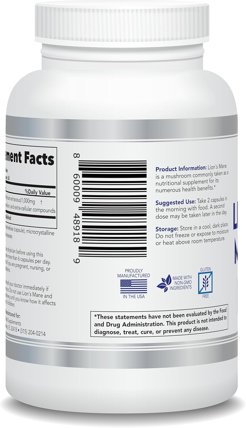 Organic Lion's Mane Mushroom Capsules for Cognitive Function & Immune Support - Brain Booster & Memory Enhancer - Vegan - 120 Capsules