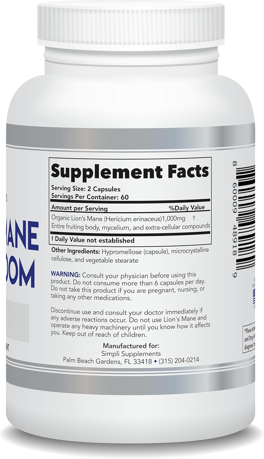 Organic Lion's Mane Mushroom Capsules for Cognitive Function & Immune Support - Brain Booster & Memory Enhancer - Vegan - 120 Capsules