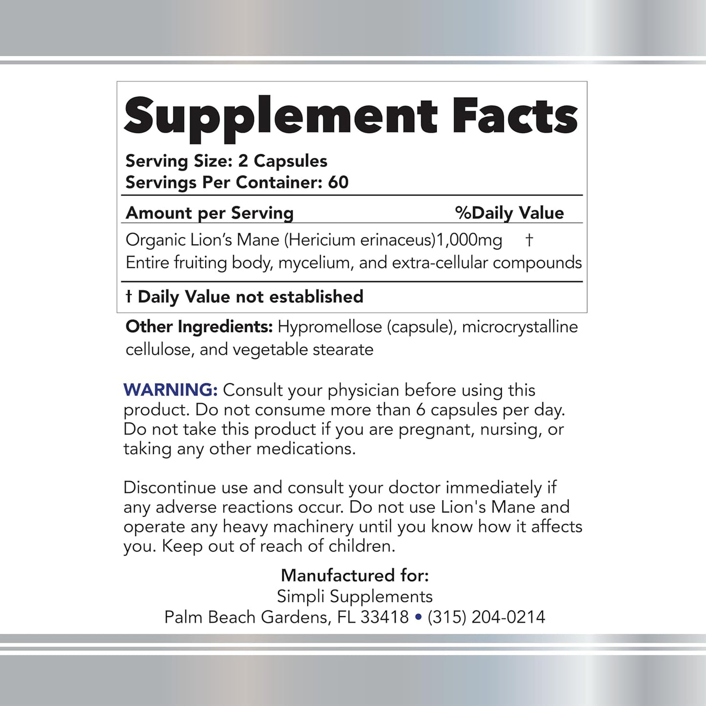 Organic Lion's Mane Mushroom Capsules for Cognitive Function & Immune Support - Brain Booster & Memory Enhancer - Vegan - 120 Capsules