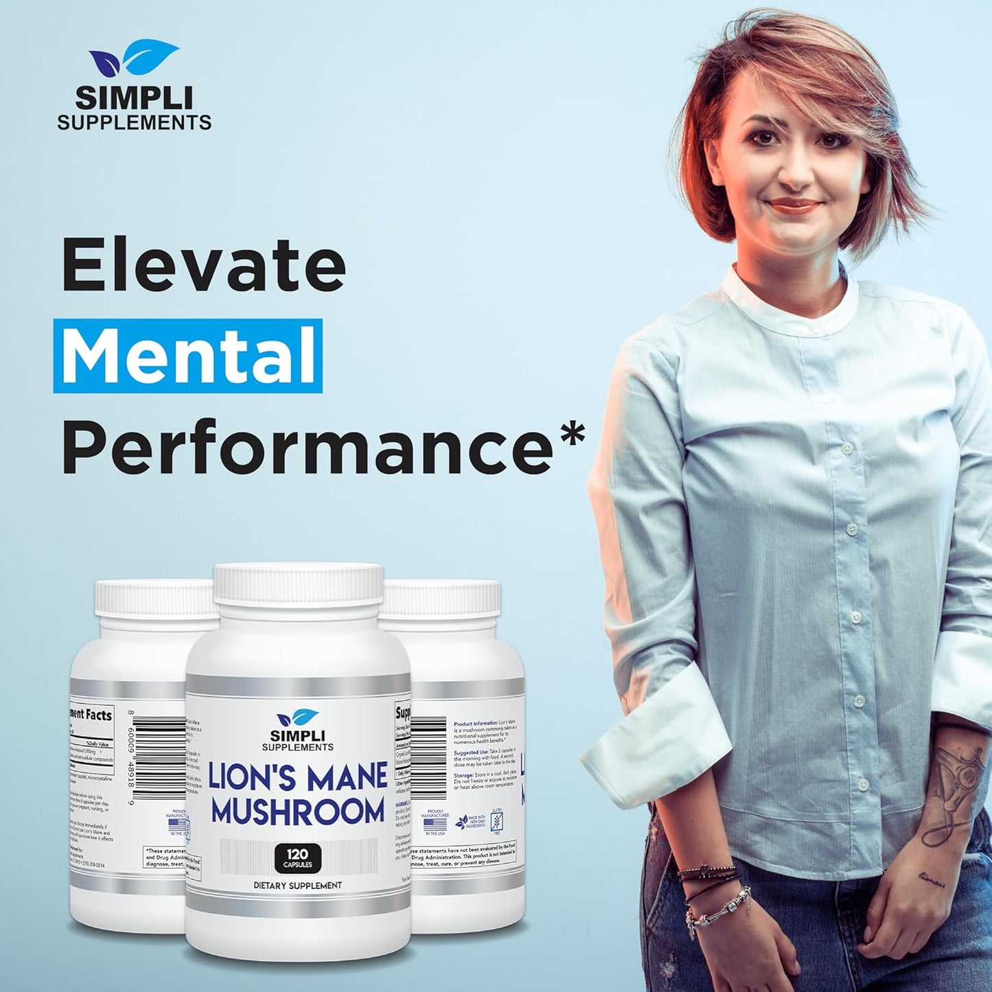 Organic Lion's Mane Mushroom Capsules for Cognitive Function & Immune Support - Brain Booster & Memory Enhancer - Vegan - 120 Capsules