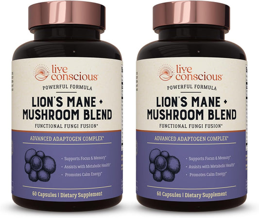 Organic Lions Mane Mushroom Capsules with Cordyceps, Reishi & Turkey Tail - Brain Support Supplement for Cognitive Memory - 2 Pack
