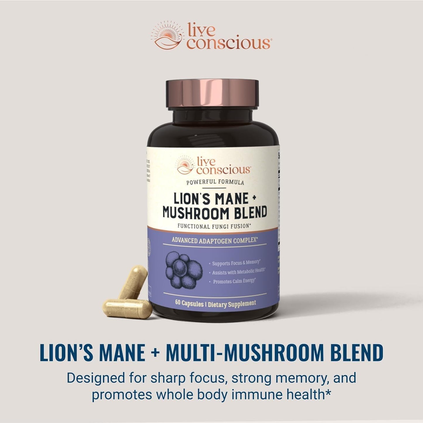 Organic Lions Mane Mushroom Capsules with Cordyceps, Reishi & Turkey Tail - Brain Support Supplement for Cognitive Memory - 2 Pack