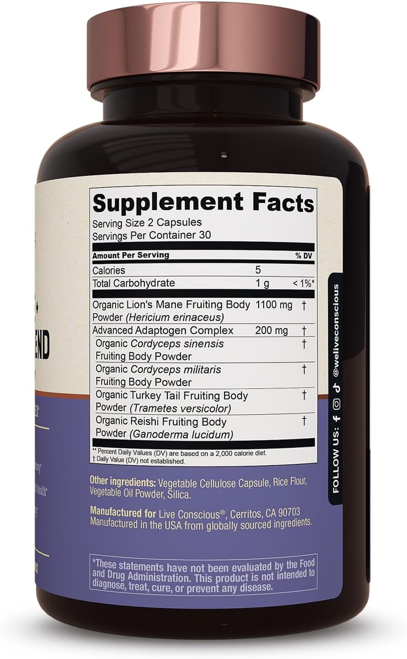 Organic Lions Mane Mushroom Capsules with Cordyceps, Reishi & Turkey Tail - Brain Support Supplement for Cognitive Memory - 2 Pack