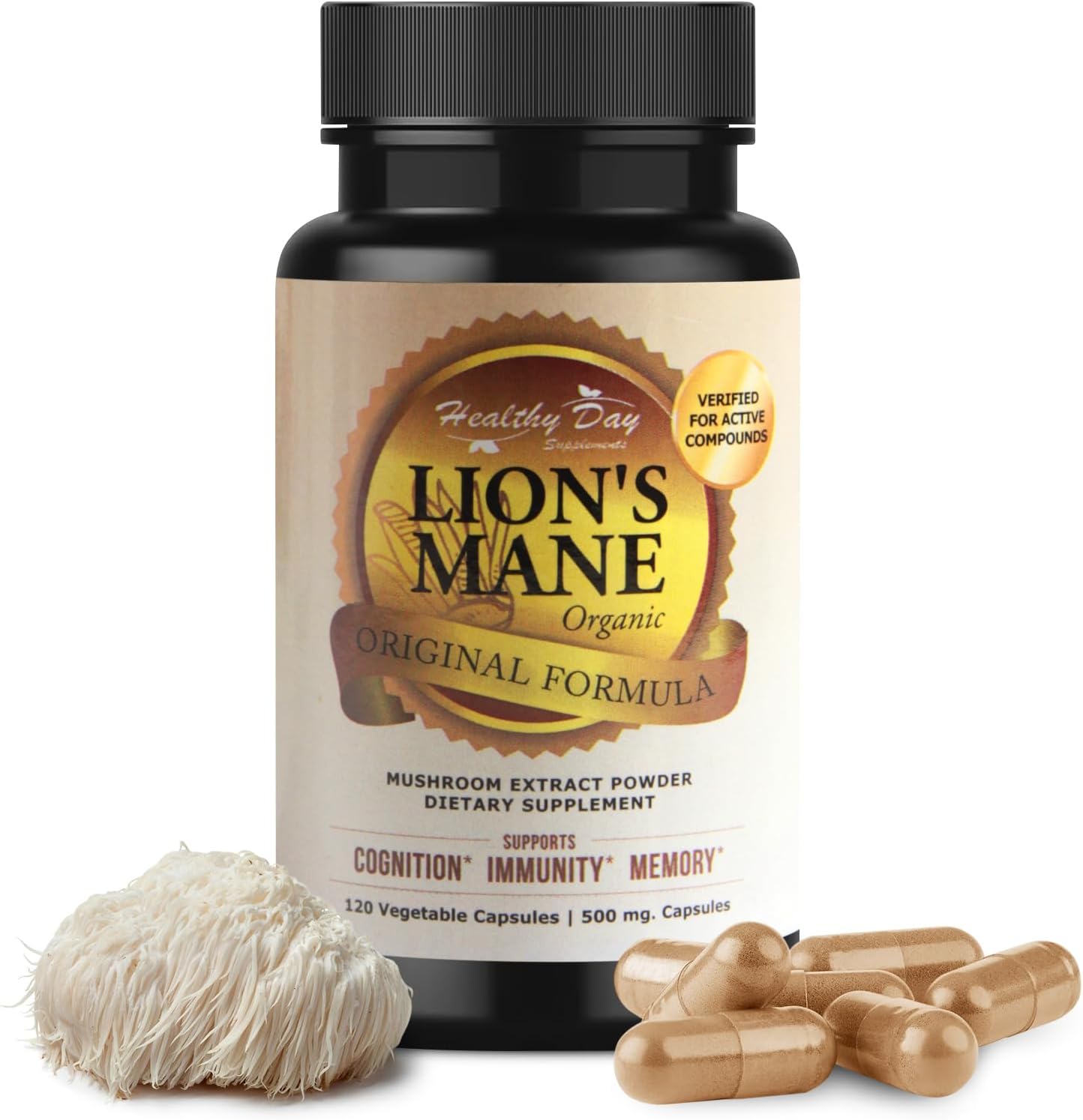 Organic Lion's Mane Mushroom Cognition Capsules - 120 Count | Gluten Free Brain Supplement | Focus Nootropic for Adults | Made in USA | Healthy Day Supplements