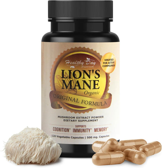 Organic Lion's Mane Mushroom Cognition Capsules - 120 Count | Gluten Free Brain Supplement | Focus Nootropic for Adults | Made in USA | Healthy Day Supplements