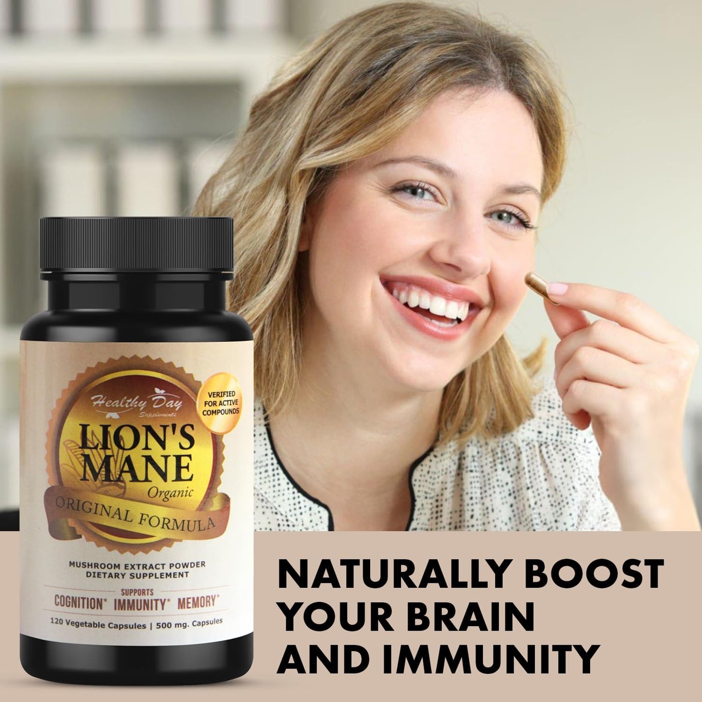 Organic Lion's Mane Mushroom Cognition Capsules - 120 Count | Gluten Free Brain Supplement | Focus Nootropic for Adults | Made in USA | Healthy Day Supplements