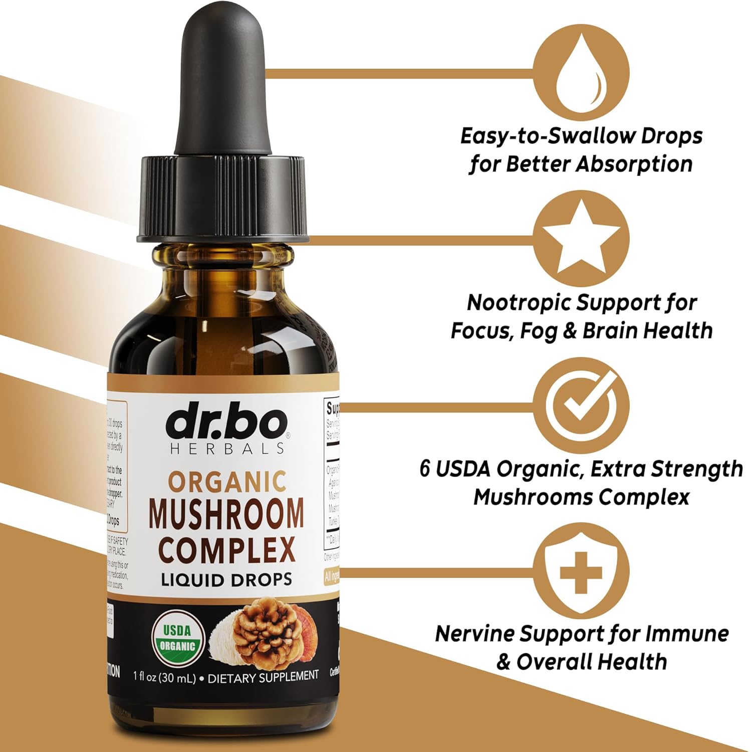 Organic Lions Mane Mushroom Complex Liquid Drops - Focus & Brain Health Supplement with Reishi & Turkey Tail Extracts - Vegan 1oz