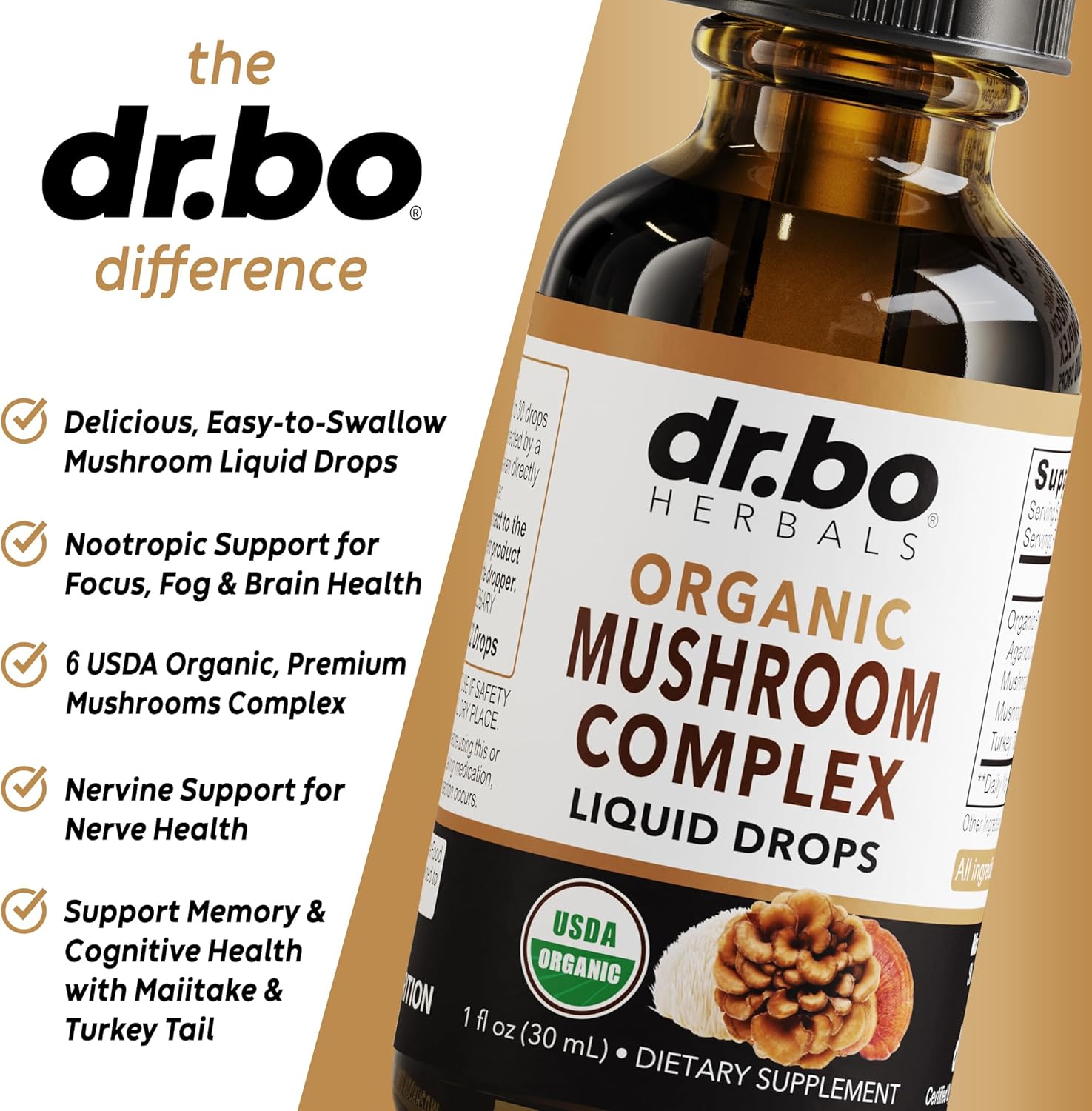 Organic Lions Mane Mushroom Complex Liquid Drops - Focus & Brain Health Supplement with Reishi & Turkey Tail Extracts - Vegan 1oz