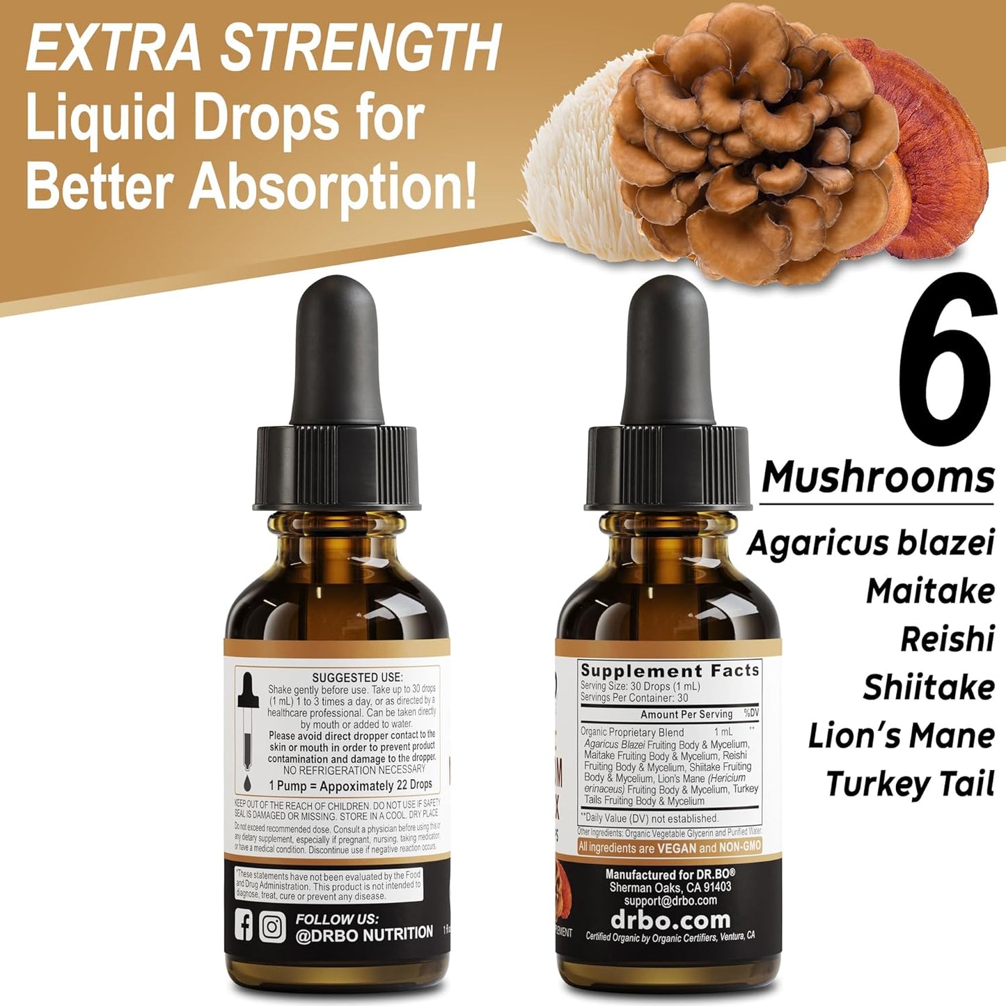 Organic Lions Mane Mushroom Complex Liquid Drops - Focus & Brain Health Supplement with Reishi & Turkey Tail Extracts - Vegan 1oz