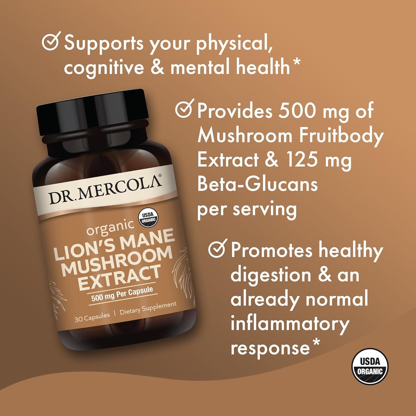 Organic Lion's Mane Mushroom Extract Capsules - 30 Servings, 500mg Per Capsule - USDA Certified, Non-GMO Dietary Supplement for Mental Focus & Cognitive Health