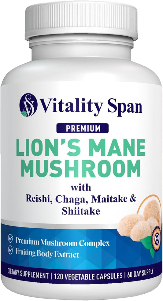 Organic Lions Mane Mushroom Extract Capsules - Chaga, Maitake, Reishi & Shiitake Blend for Mental Clarity & Focus - 120 Vegetarian Capsules
