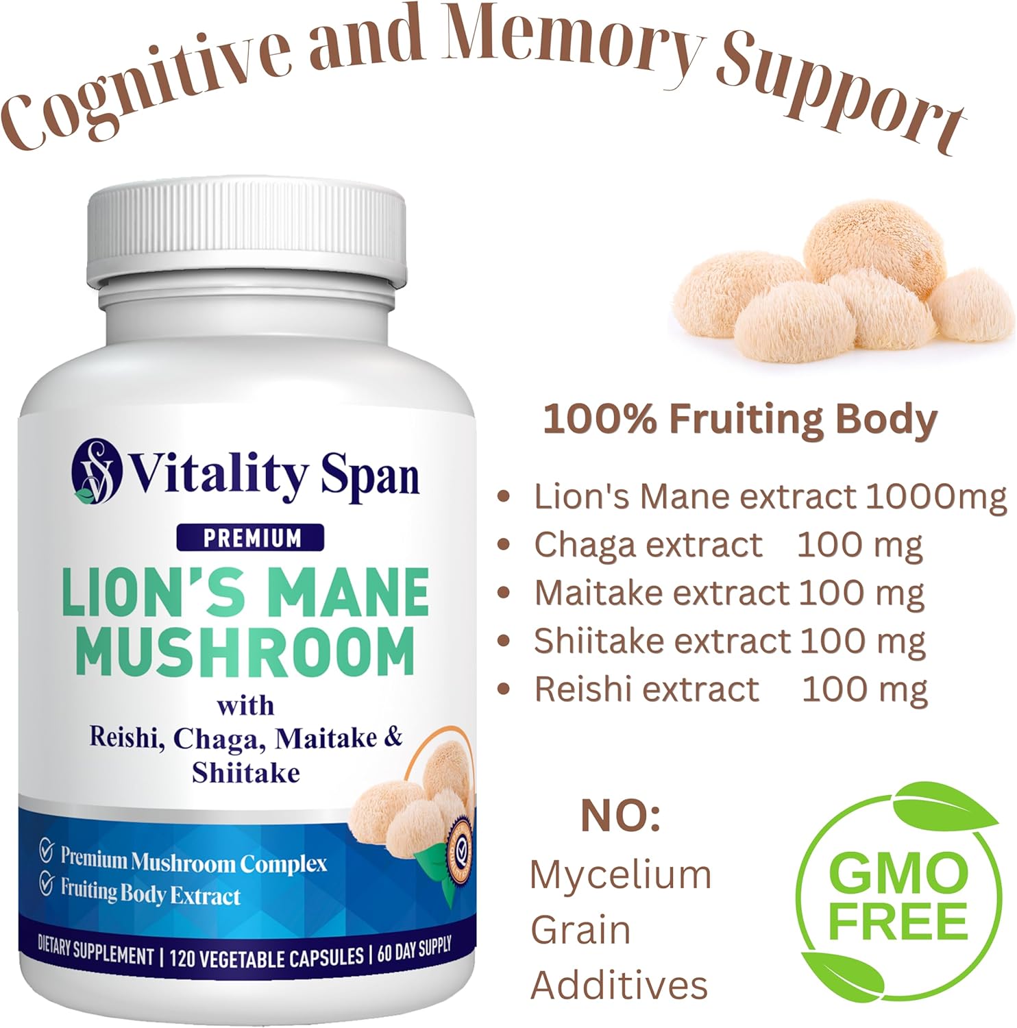 Organic Lions Mane Mushroom Extract Capsules - Chaga, Maitake, Reishi & Shiitake Blend for Mental Clarity & Focus - 120 Vegetarian Capsules