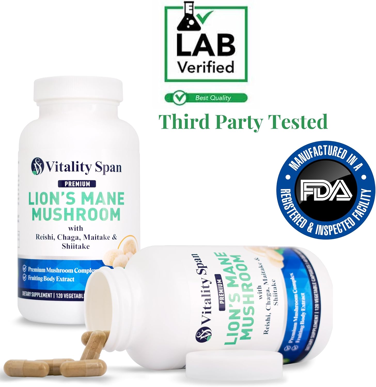 Organic Lions Mane Mushroom Extract Capsules - Chaga, Maitake, Reishi & Shiitake Blend for Mental Clarity & Focus - 120 Vegetarian Capsules