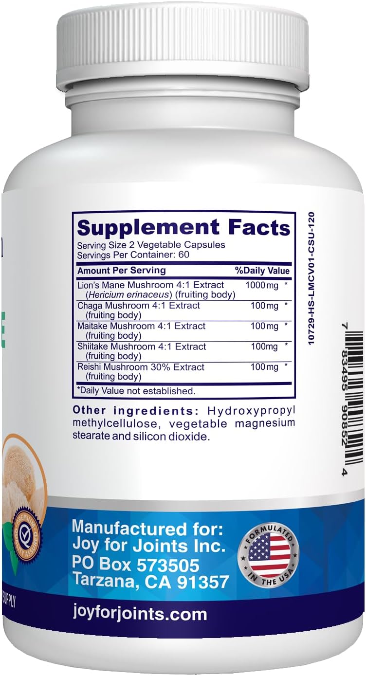Organic Lions Mane Mushroom Extract Capsules - Chaga, Maitake, Reishi & Shiitake Blend for Mental Clarity & Focus - 120 Vegetarian Capsules