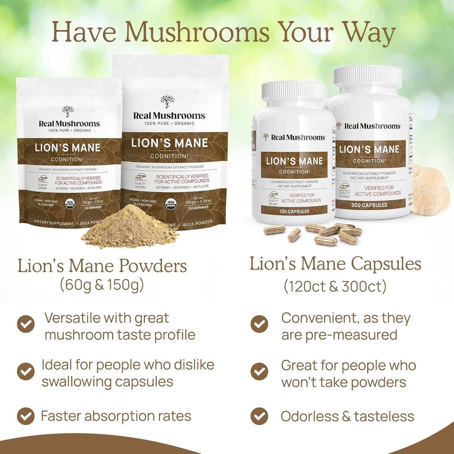 Organic Lion's Mane Mushroom Extract Capsules for Cognitive Function & Immune Support - Brain Health Supplement for Memory & Focus - Vegan, 300ct