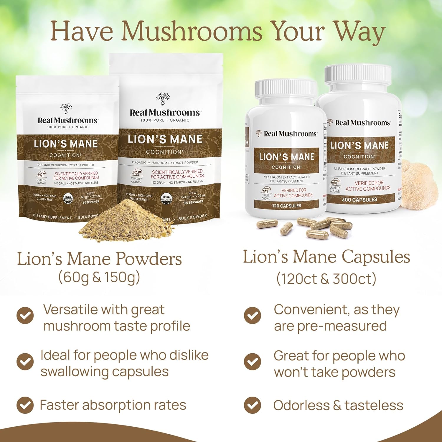 Organic Lion's Mane Mushroom Extract Capsules for Cognitive Function & Immune Support - Brain Health Supplement for Memory & Focus - Vegan, 300ct