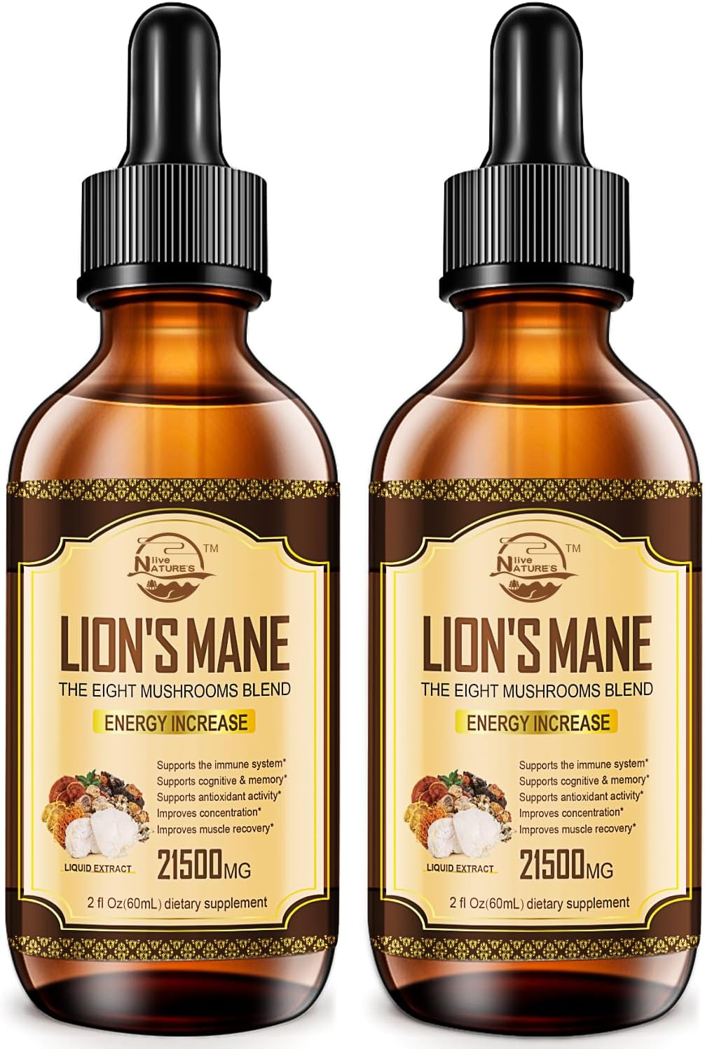 Organic Lions Mane & Mushroom Extract Drops for Immune Support, Memory, and Focus - 2 Pack