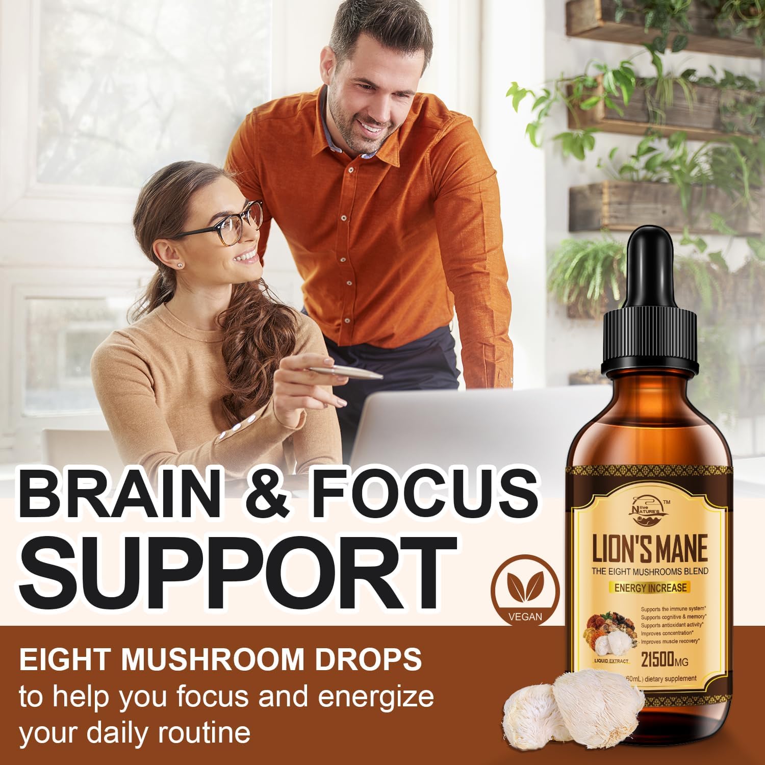 Organic Lions Mane & Mushroom Extract Drops for Immune Support, Memory, and Focus - 2 Pack