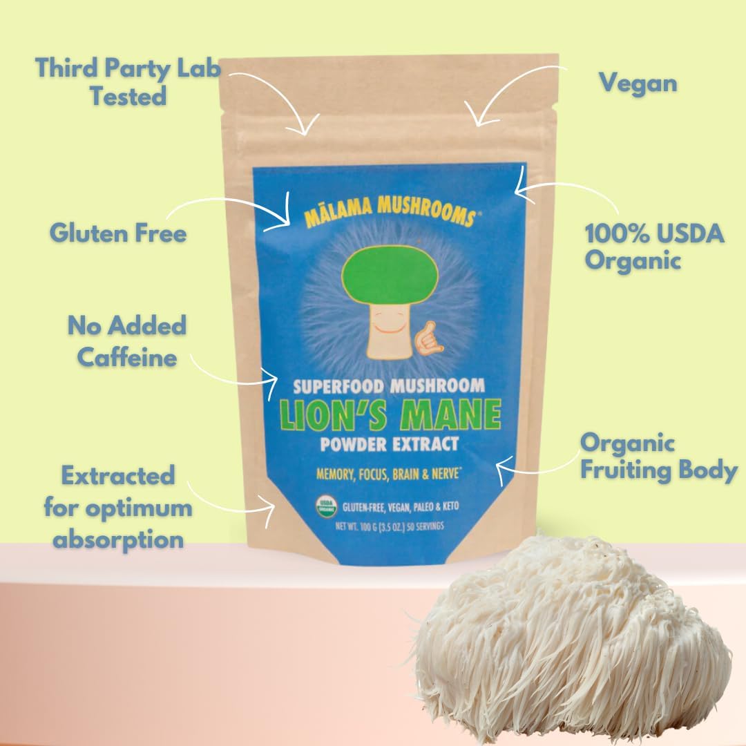 Organic Lion's Mane Mushroom Extract Powder by Malama - Superfood for Memory, Focus, Brain, & Nerves - Adaptogenic Supplement