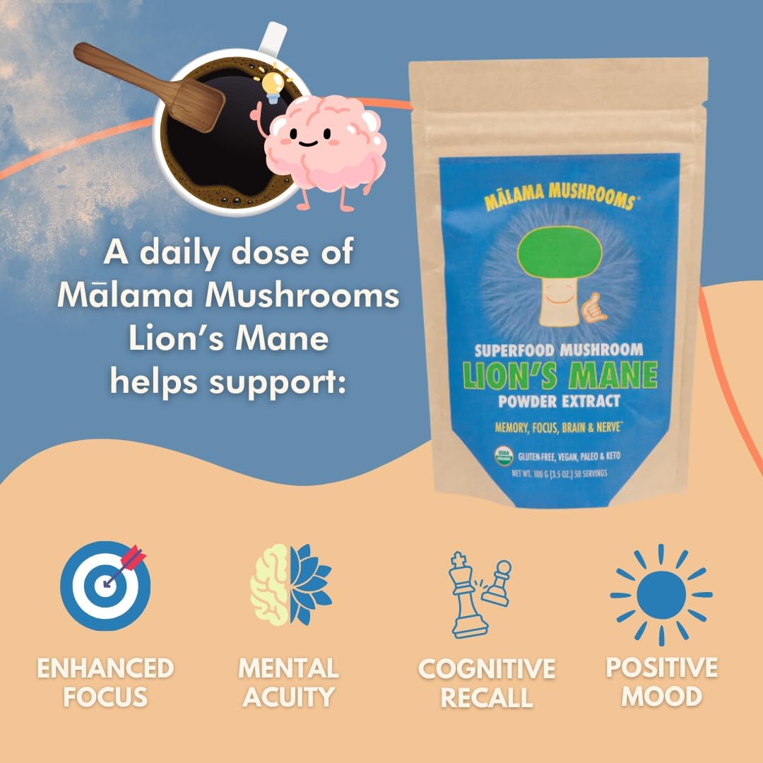 Organic Lion's Mane Mushroom Extract Powder by Malama - Superfood for Memory, Focus, Brain, & Nerves - Adaptogenic Supplement