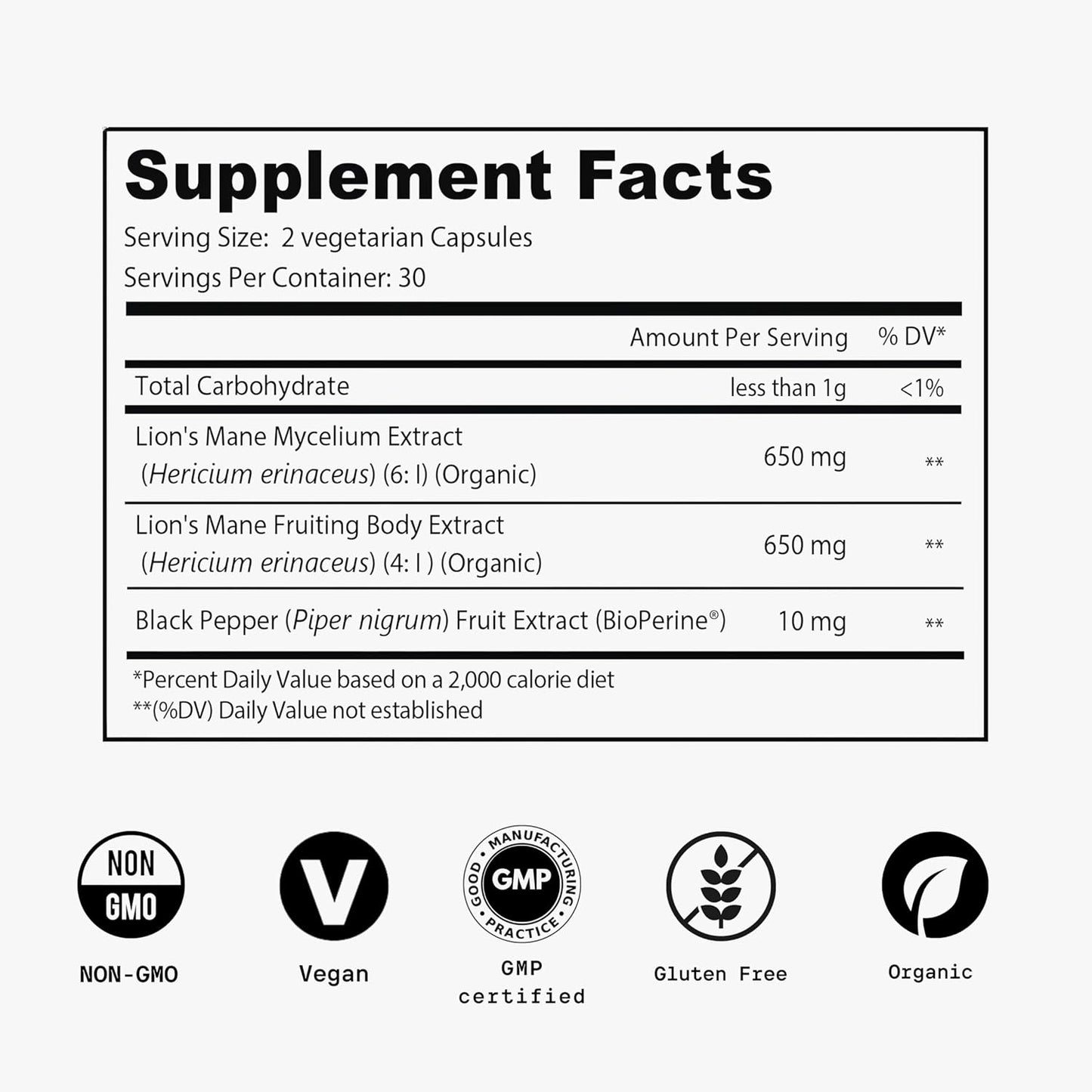 Organic Lion’s Mane Mushroom Extract Supplement for Memory & Brain Health - 60 Vegan Capsules