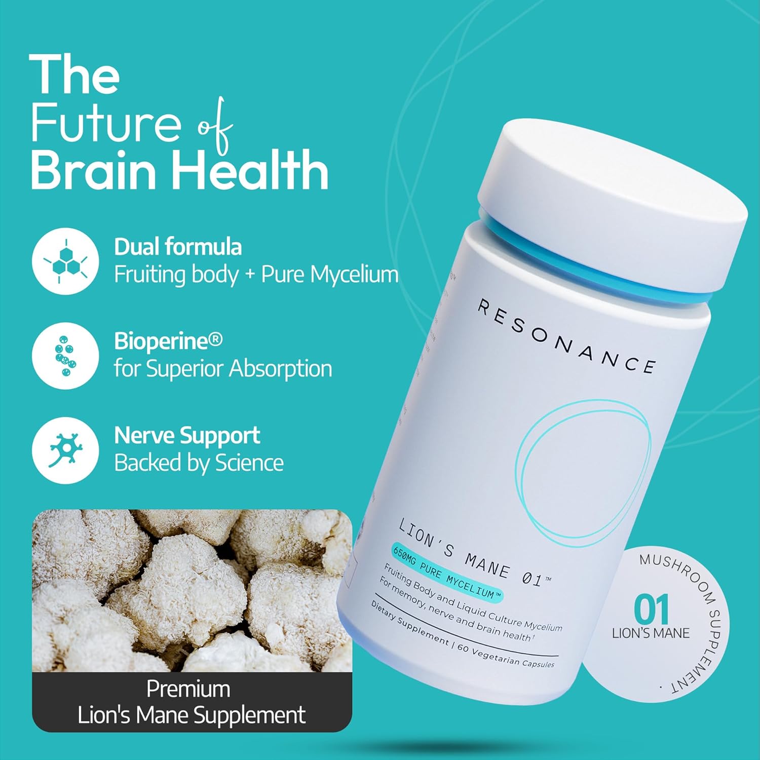 Organic Lion’s Mane Mushroom Extract Supplement for Memory & Brain Health - 60 Vegan Capsules