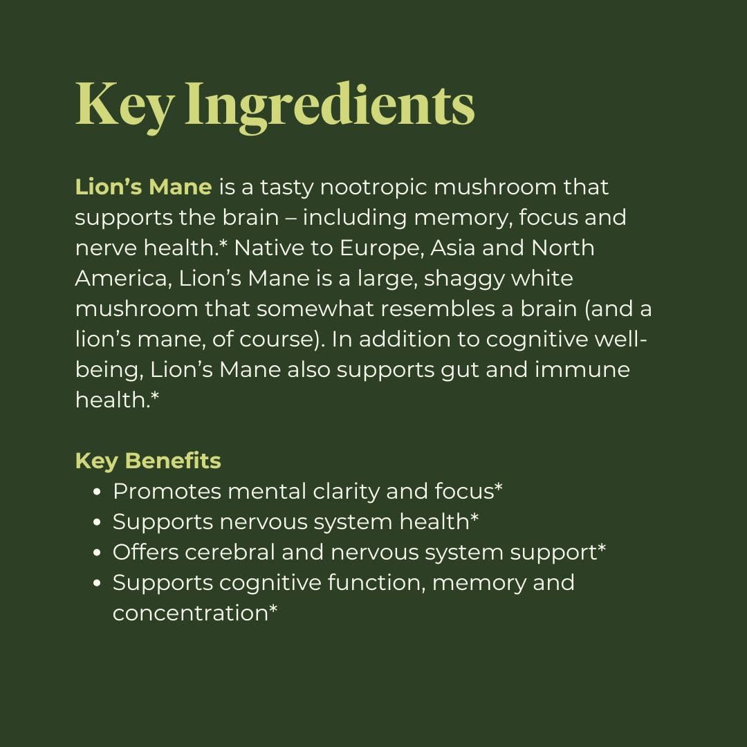 Organic Lion's Mane Mushroom Focus & Memory Supplement Capsules - 1000mg, 120 Capsules - Boost Brain Health & Cognitive Function