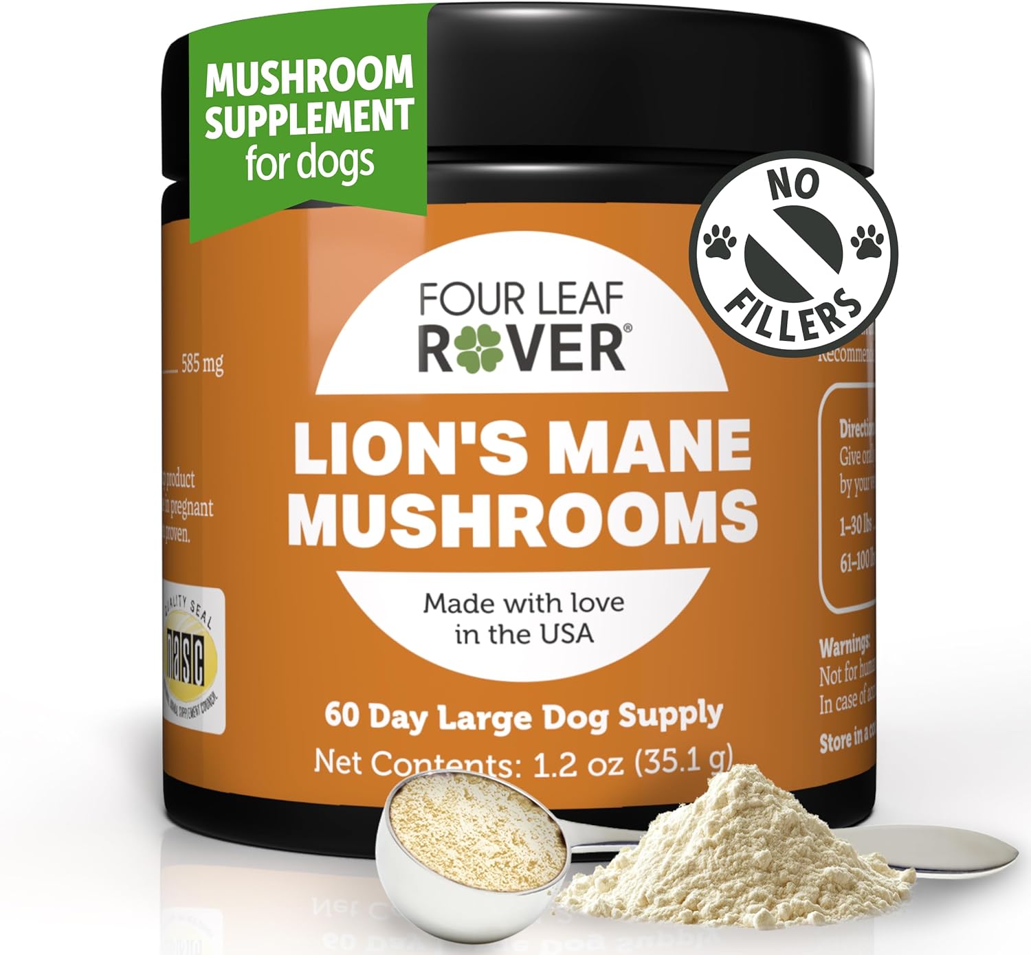 Organic Lion's Mane Mushroom for Dogs - Supports Brain Health and Nervous System - Whole Mushrooms for Large Dogs - 60 Day Supply