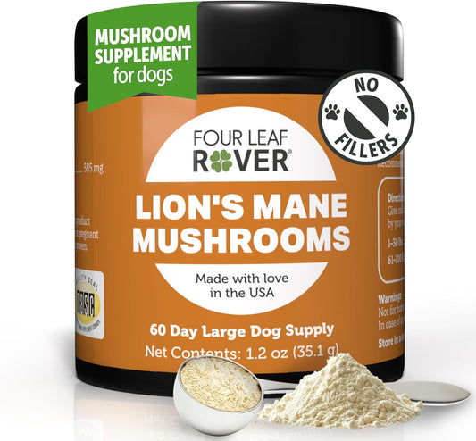 Organic Lion's Mane Mushroom for Dogs - Supports Brain Health and Nervous System - Whole Mushrooms for Large Dogs - 60 Day Supply