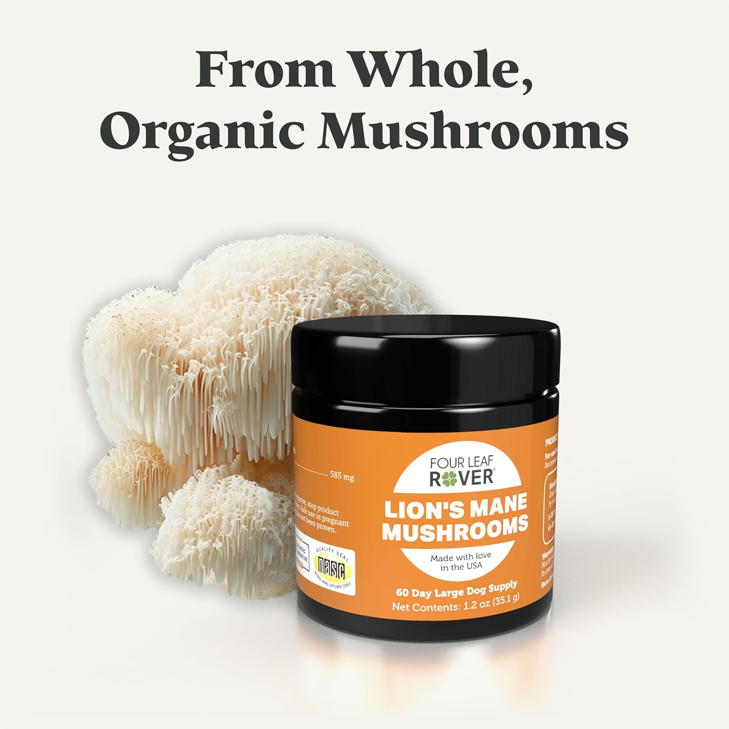 Organic Lion's Mane Mushroom for Dogs - Supports Brain Health and Nervous System - Whole Mushrooms for Large Dogs - 60 Day Supply
