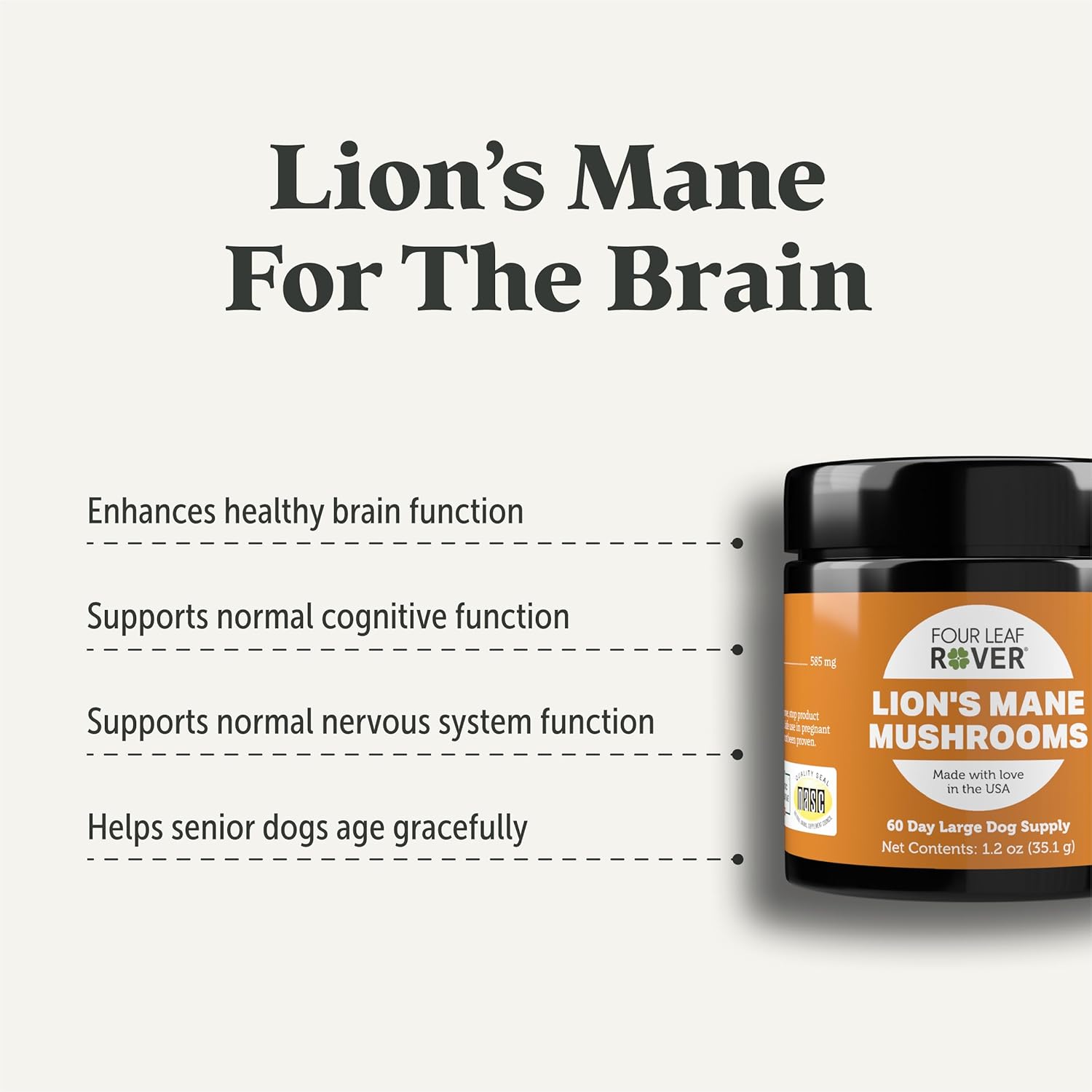 Organic Lion's Mane Mushroom for Dogs - Supports Brain Health and Nervous System - Whole Mushrooms for Large Dogs - 60 Day Supply