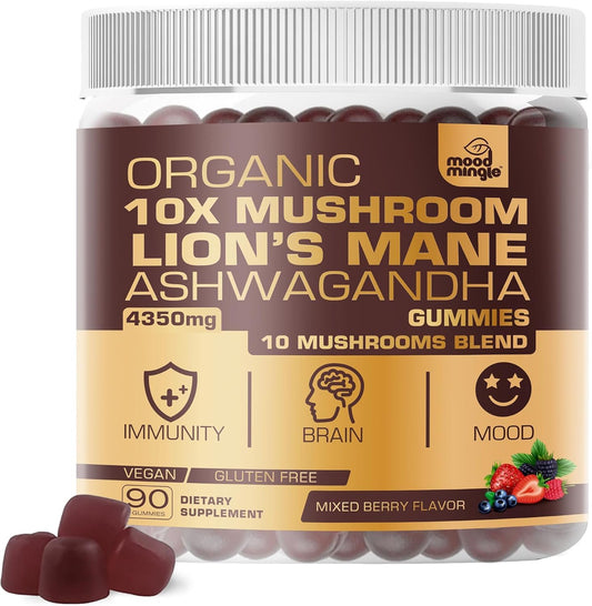 Organic Lion’s Mane Mushroom Gummies - 10X Strength for Kids and Adults - Gluten Free Daily Supplement Blend with Reishi, Turkey Tail, Shiitake - 4350mg