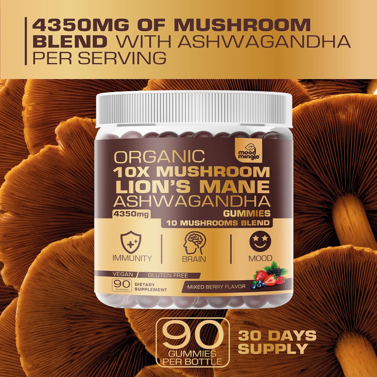 Organic Lion’s Mane Mushroom Gummies - 10X Strength for Kids and Adults - Gluten Free Daily Supplement Blend with Reishi, Turkey Tail, Shiitake - 4350mg