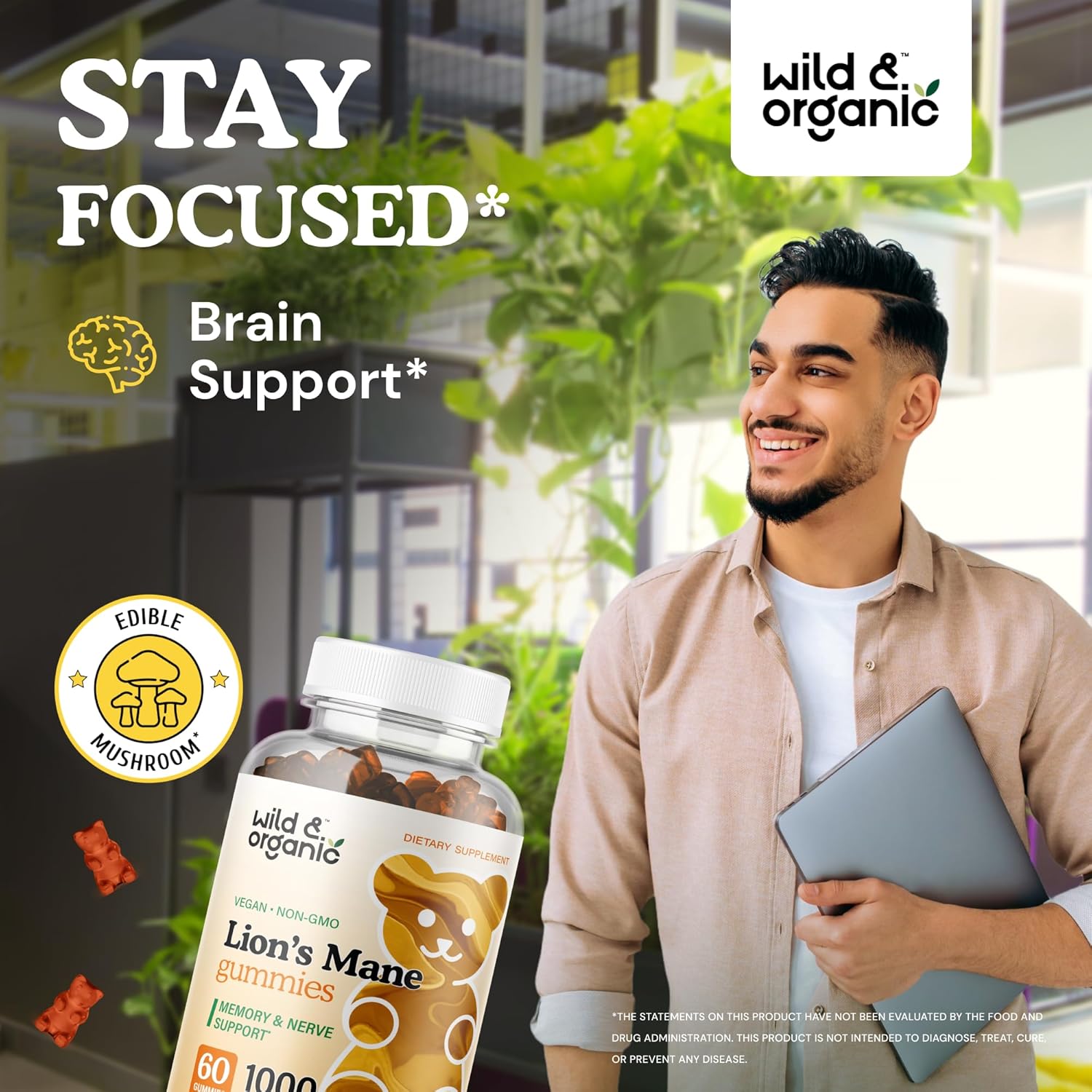 Organic Lions Mane Mushroom Gummies 1000mg - Natural Brain Energy Support - 60 Vegan Chews for Focus - Non-GMO Lion's Mane Supplement