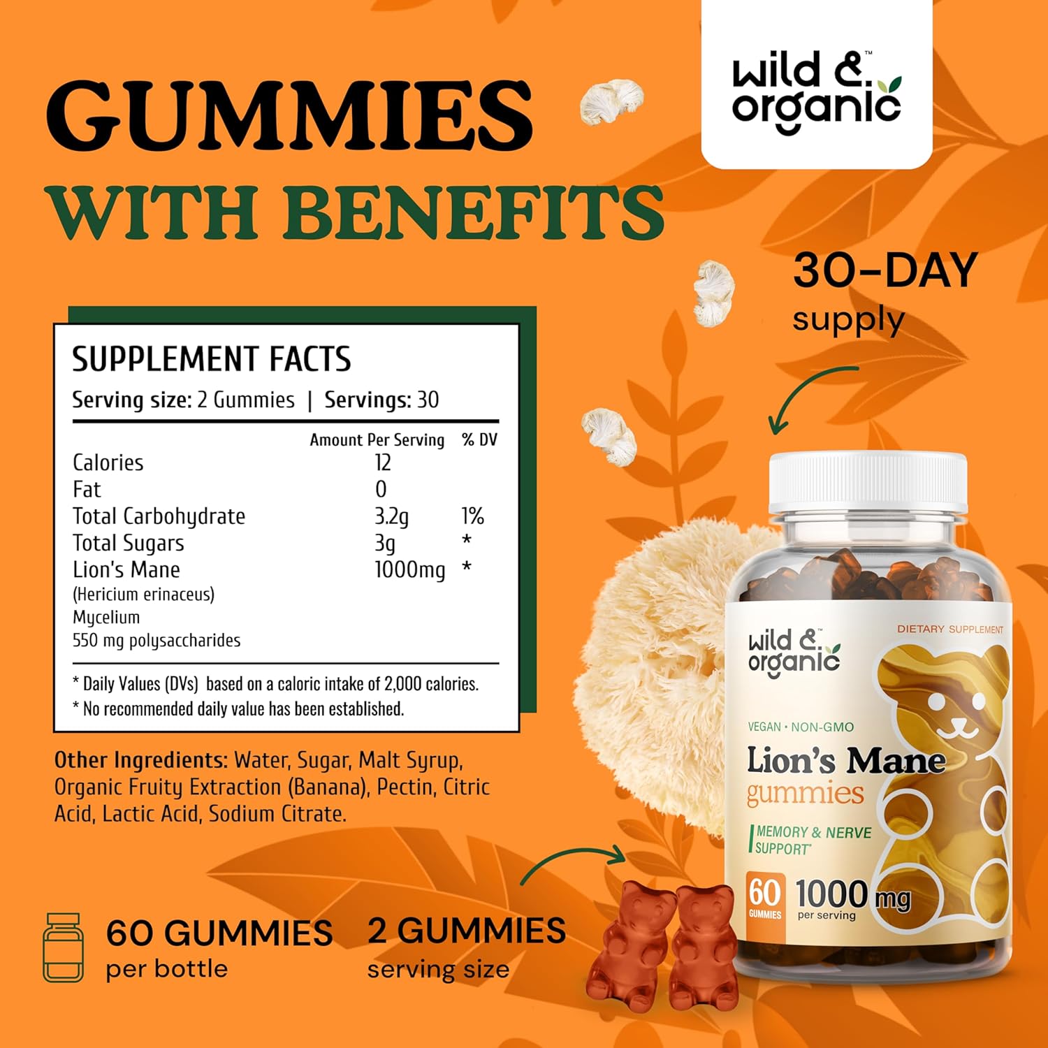 Organic Lions Mane Mushroom Gummies 1000mg - Natural Brain Energy Support - 60 Vegan Chews for Focus - Non-GMO Lion's Mane Supplement