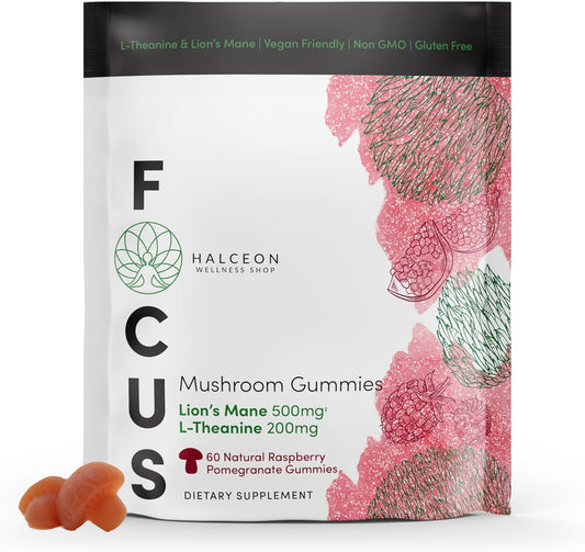 Organic Lion's Mane Mushroom Gummies with L-Theanine for Brain Health - Nootropic Vegan Supplement for Focus - 60 Count