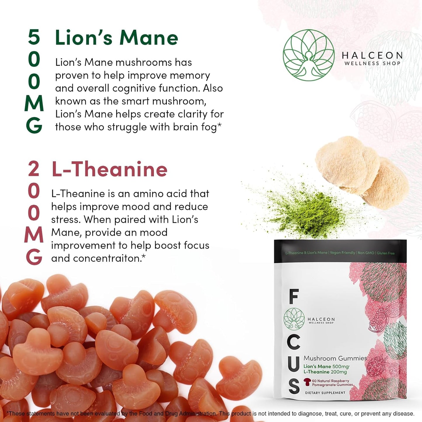Organic Lion's Mane Mushroom Gummies with L-Theanine for Brain Health - Nootropic Vegan Supplement for Focus - 60 Count