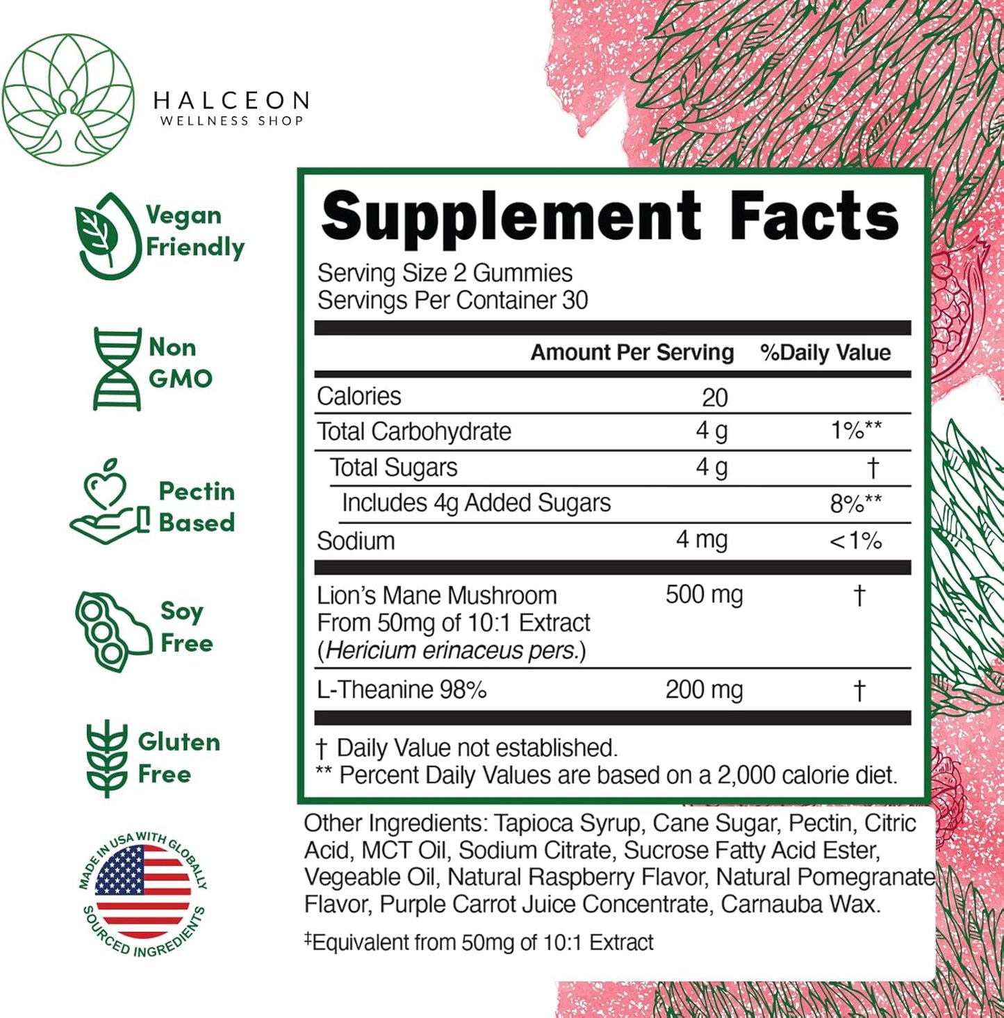 Organic Lion's Mane Mushroom Gummies with L-Theanine for Brain Health - Nootropic Vegan Supplement for Focus - 60 Count