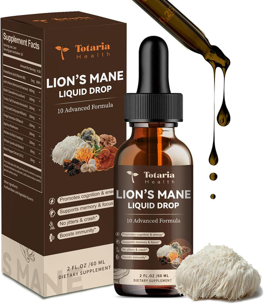 Organic Lions Mane Mushroom Liquid Drops - Brain & Immune Support Supplement with Memory & Focus Boost - Non-GMO, Gluten-Free, Vegan Superfood Tincture
