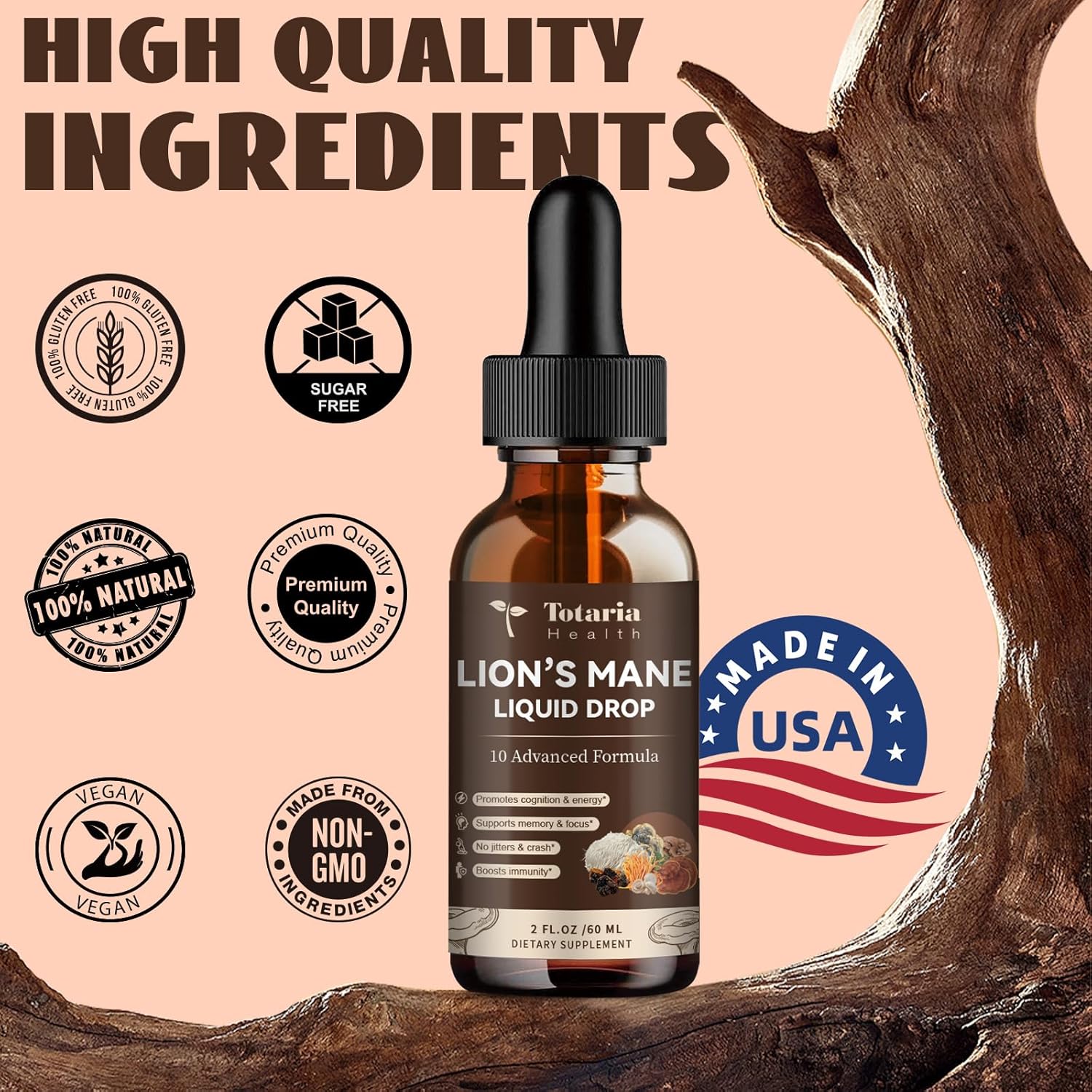Organic Lions Mane Mushroom Liquid Drops - Brain & Immune Support Supplement with Memory & Focus Boost - Non-GMO, Gluten-Free, Vegan Superfood Tincture