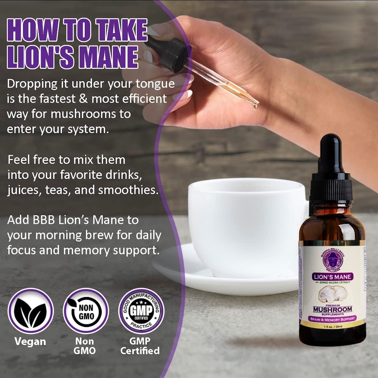 Organic Lions Mane Mushroom Oil Tincture with Ginkgo Biloba for Brain, Memory, Focus - 30ml, 1 Fl Oz