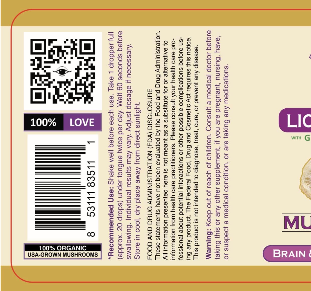 Organic Lions Mane Mushroom Oil Tincture with Ginkgo Biloba for Brain, Memory, Focus - 30ml, 1 Fl Oz