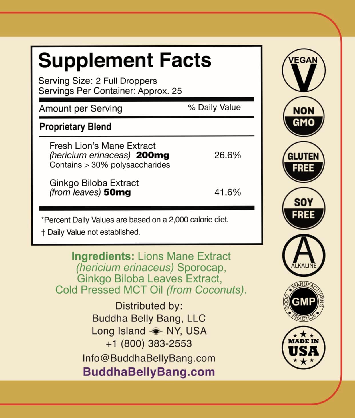 Organic Lions Mane Mushroom Oil Tincture with Ginkgo Biloba for Brain, Memory, Focus - 30ml, 1 Fl Oz